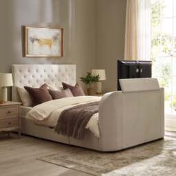 Kira - Double - 2 Drawer Storage TV Bed - White - Fabric - 4ft6 - Happy Beds - thumbnail 1