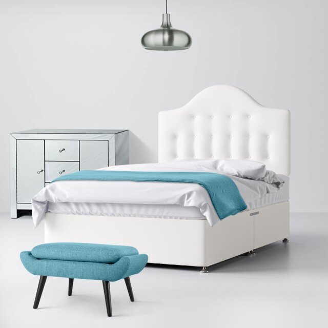 Super King Size - Divan Bed and Victor Buttoned Headboard - White - Fabric - 6ft - Happy Beds - image 1