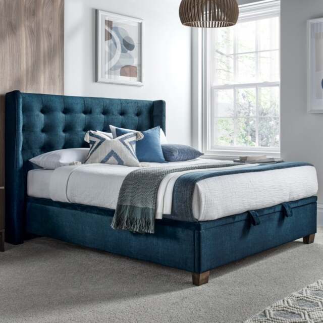 Brunton - Double - Winged Ottoman Storage Bed - Blue - Velvet - 4ft6