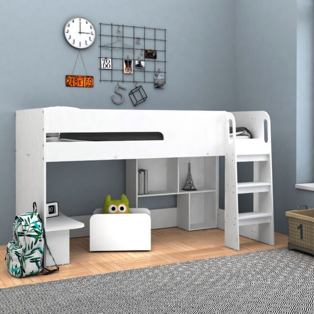 Kudl - Single – Mid Sleeper with Mini-Desk, Bookcase and Toybox - White - Wooden - 3ft - image 1