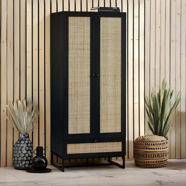 Padstow - Combination Wardrobe - Black - Wooden/Rattan - Happy Beds - image 1