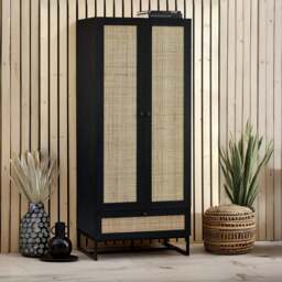 Padstow - Combination Wardrobe - Black - Wooden/Rattan - Happy Beds - thumbnail 1