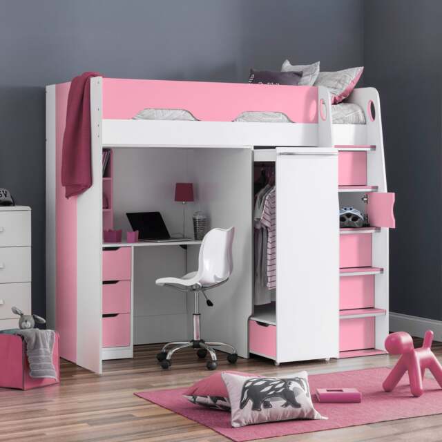 Pegasus - Single - Kids High Sleeper Bed - Wardrobe - Desk and Storage - Pink and White - Wooden - 3ft - Happy Beds - image 1