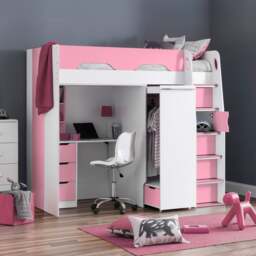 Pegasus - Single - Kids High Sleeper Bed - Wardrobe - Desk and Storage - Pink and White - Wooden - 3ft - Happy Beds - thumbnail 1