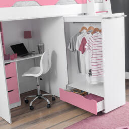 Pegasus - Single - Kids High Sleeper Bed - Wardrobe - Desk and Storage - Pink and White - Wooden - 3ft - Happy Beds - thumbnail 2