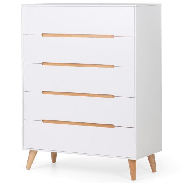 Alicia - 5 Drawer Bedside Table - White/Oak - Wooden - Happy Beds - image 1