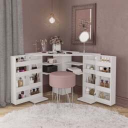 Olivia - Corner Dressing Table With Storage - White - Wooden - Happy Beds