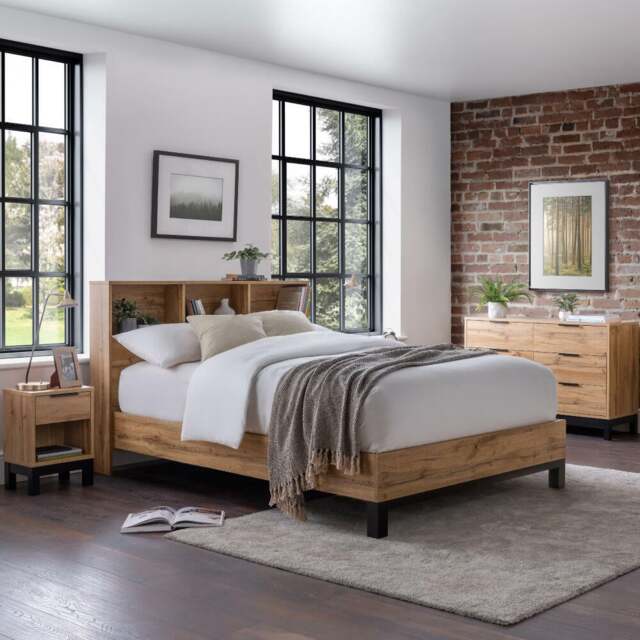 Bali - Double - Bookcase Storage Bed - Oak - Wooden - 4ft6 - Happy Beds
