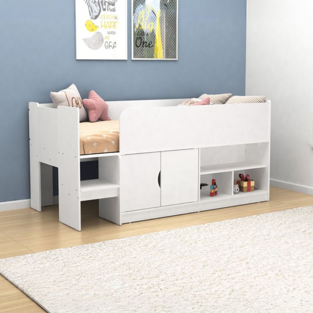 Kudl – Single – Mid Sleeper with Drawers and Shelves – White – Wooden – 3ft - Happy Beds - image 1