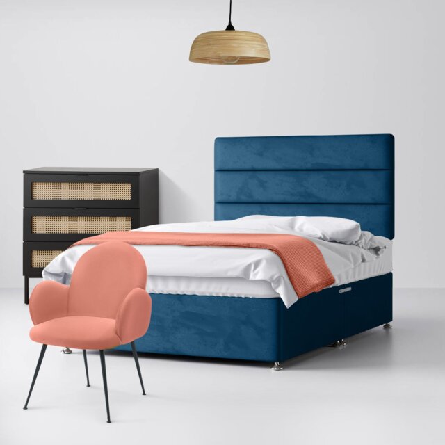 Small Double - Divan Bed and Cornell Lined Headboard - Deep Blue - Velvet - 4ft - Happy Beds - image 1
