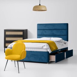 Small Double - Divan Bed and Cornell Lined Headboard - Deep Blue - Velvet - 4ft - Happy Beds - thumbnail 2