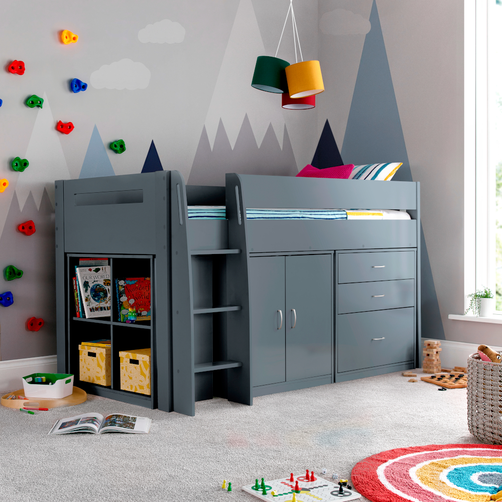 Lacy Single Storage Midsleeper Bed Grey Wooden 3ft