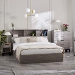 Bali – Single – Bookcase Ottoman Storage Bed – Grey Oak – Wooden – 3ft - Happy Beds