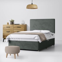 King Size - Divan Bed and Cornell Plain Headboard - Dark Grey - Velvet - 5ft - Happy Beds - thumbnail 1