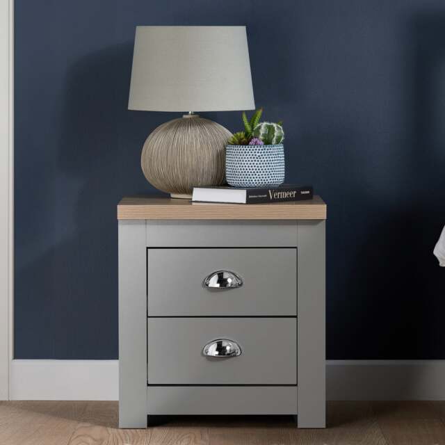 Highgate - 2 Drawer Bedside Table - Grey/Oak - Wooden - Happy Beds - image 1