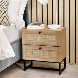 Padstow - 2 Drawer Bedside Table - Oak - Wooden/Rattan - Happy Beds - thumbnail 1