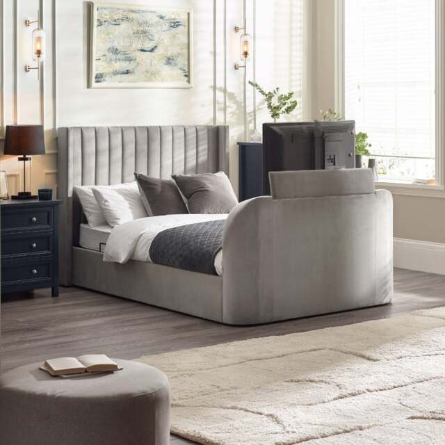 Clara – Double – Side-Lift Ottoman TV Bed – Light Grey – Velvet – 4ft6 - Happy Beds