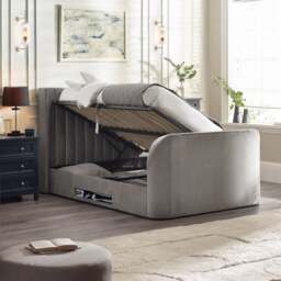 Clara – Double – Side-Lift Ottoman TV Bed – Light Grey – Velvet – 4ft6 - Happy Beds - thumbnail 3