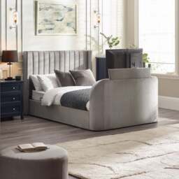 Clara – Double – Side-Lift Ottoman TV Bed – Light Grey – Velvet – 4ft6 - Happy Beds