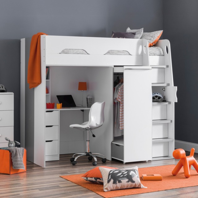 Pegasus - Single - Kids High Sleeper Bed - White and Silver - Wood - 3ft - Happy Beds - image 1