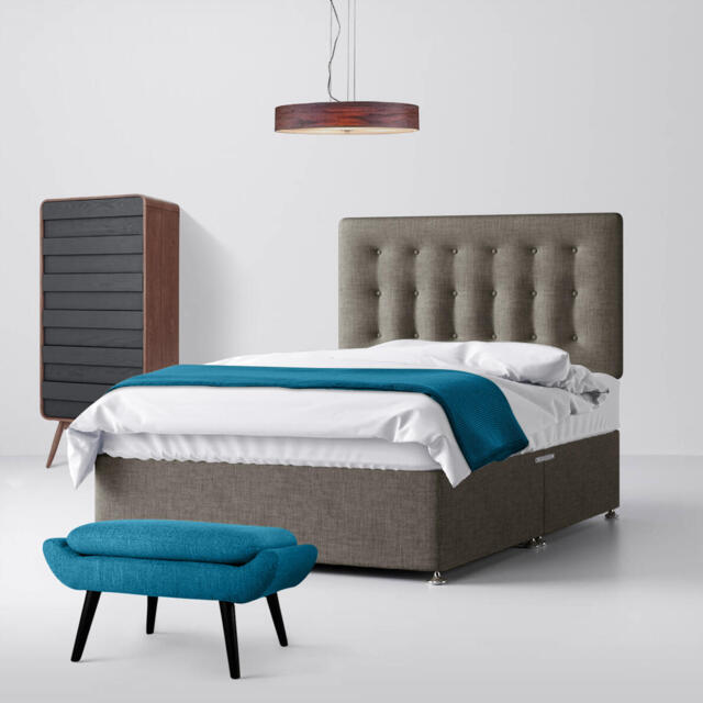 Double - Divan Bed and Cornell Buttoned Headboard - Grey - Fabric - 4ft6 - Happy Beds - image 1