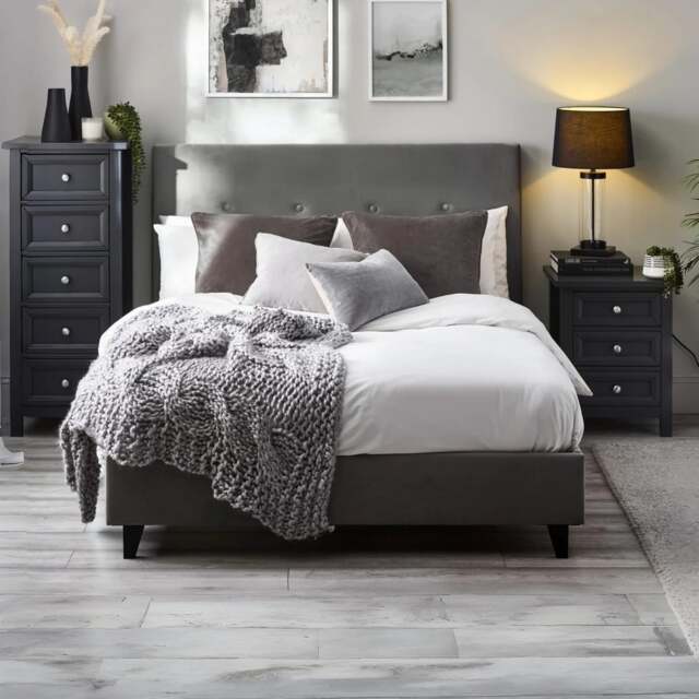 Shoreditch - Double Bed - Grey - Velvet - 4ft6 - Happy Beds - image 1