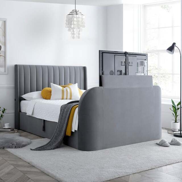 Luther - Super King Size - Electric Winged Ottoman Storage TV Bed - Grey - Velvet - 6ft - Happy Beds