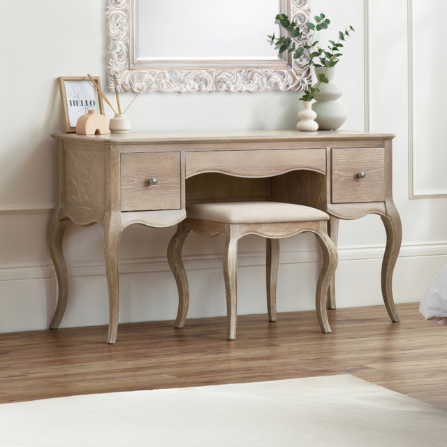 Camille - 2-Drawer Dressing Table with Stool - Oak - Wooden - Happy Beds - image 1