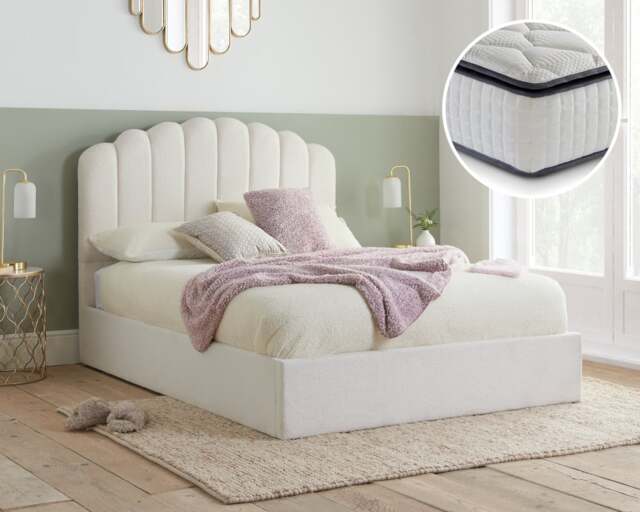 Monaco/SleepSoul Bliss - King Size - Ottoman Storage Bed and 800 Pocket Spring and Memory Foam Pillowtop Mattress Included - White - Boucle/Fabric - 5ft - Happy Beds