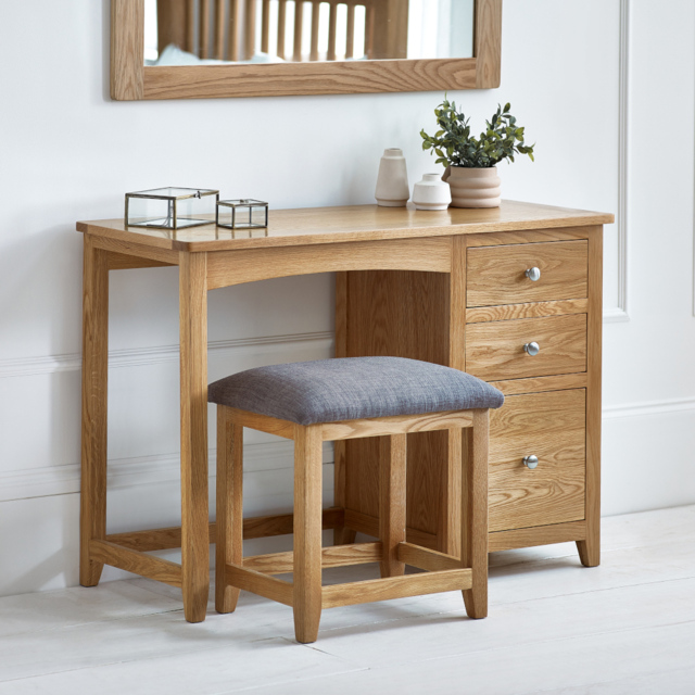 Mallory – 3-Drawer Single Pedestal Dressing Table and Stool – Oak/Grey – Wooden/Fabric - Happy Beds - image 1