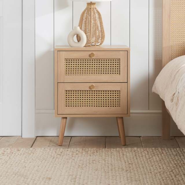 Croxley - 2 Drawer Bedside Table - Oak - Rattan - Wooden - Happy Beds - image 1