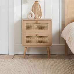 Croxley - 2 Drawer Bedside Table - Oak - Rattan - Wooden - Happy Beds - thumbnail 1