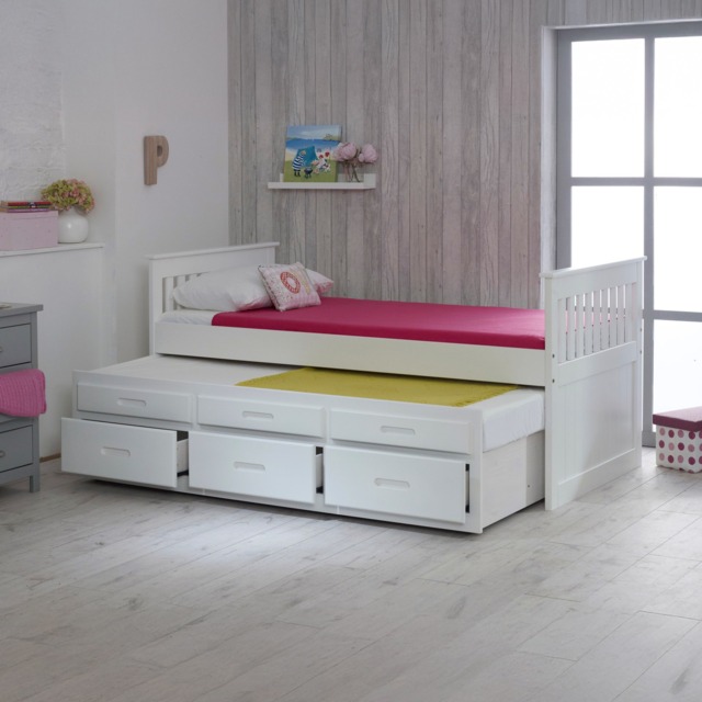 Captains - Single - High Foot-End Guest Bed - Storage and Underbed Trundle - White - Wooden - 3ft - Happy Beds