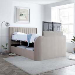Luther - Double - Electric Winged Ottoman Storage TV Bed - Warm Stone - Velvet - 4ft6 - Happy Beds - thumbnail 2