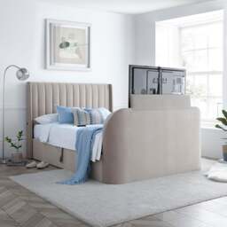 Luther - Double - Electric Winged Ottoman Storage TV Bed - Warm Stone - Velvet - 4ft6 - Happy Beds - thumbnail 1
