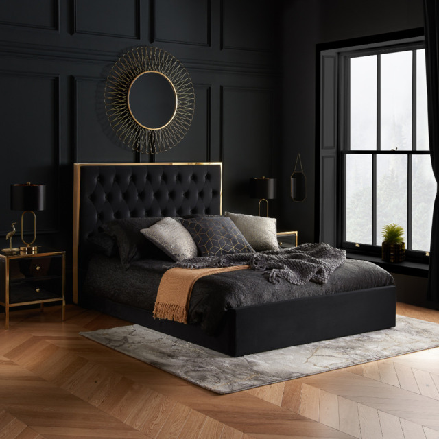 Walton - Double – Ottoman Storage Bed Frame – Black/Gold - Velvet - 4ft6 – Happy Beds - image 1
