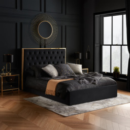 Walton - Double – Ottoman Storage Bed Frame – Black/Gold - Velvet - 4ft6 – Happy Beds - thumbnail 1