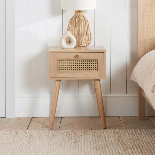 Croxley - 1 Drawer Bedside Table - Oak - Rattan - Wooden - Happy Beds - image 1