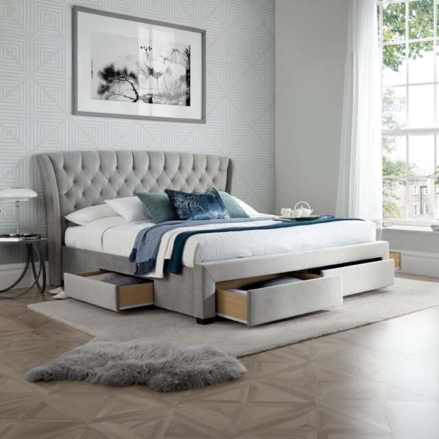 Newton - Double - 4-Drawer Storage Bed - Grey - Velvet - 4ft6 - Happy Beds - image 1