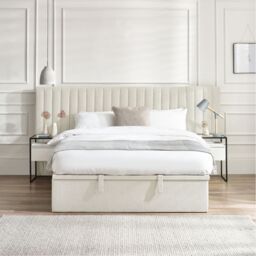 Paige - Double - Ottoman Storage Hotel Bed - Stone Grey - Fabric - 4ft6 - Happy Beds