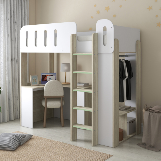 Eleanor - Single – High Sleeper with Desk, Wardrobe and Storage – White/Pale Wood - Particleboard - 3ft  - image 1