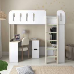 Eleanor - Single – High Sleeper with Desk, Wardrobe and Storage – White/Pale Wood - Particleboard - 3ft  - thumbnail 3