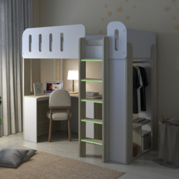 Eleanor - Single – High Sleeper with Desk, Wardrobe and Storage – White/Pale Wood - Particleboard - 3ft  - thumbnail 2