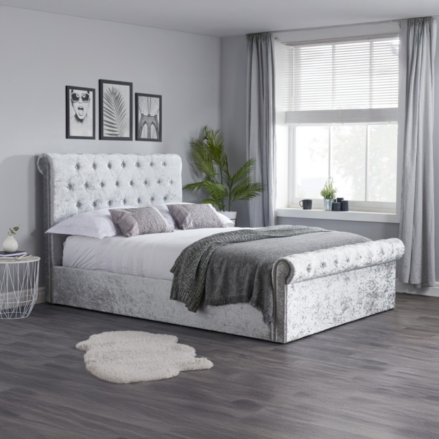 Sienna - Double - Ottoman Bed - Light Grey - Crushed Velvet - 4ft6 - Happy Beds - image 1
