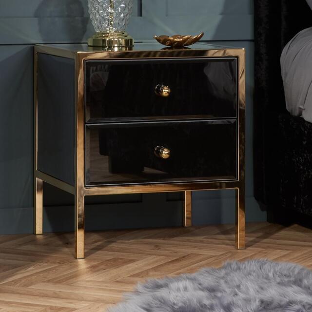 Fenwick - 2 Drawer Bedside Table - Black/Gold - Glass/Metal - Happy Beds - image 1