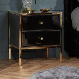 Fenwick - 2 Drawer Bedside Table - Black/Gold - Glass/Metal - Happy Beds - thumbnail 1