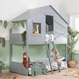 Safari - Single - Kids House Style Bunk Bed - Grey - Wooden - 3ft - Happy Beds - thumbnail 1