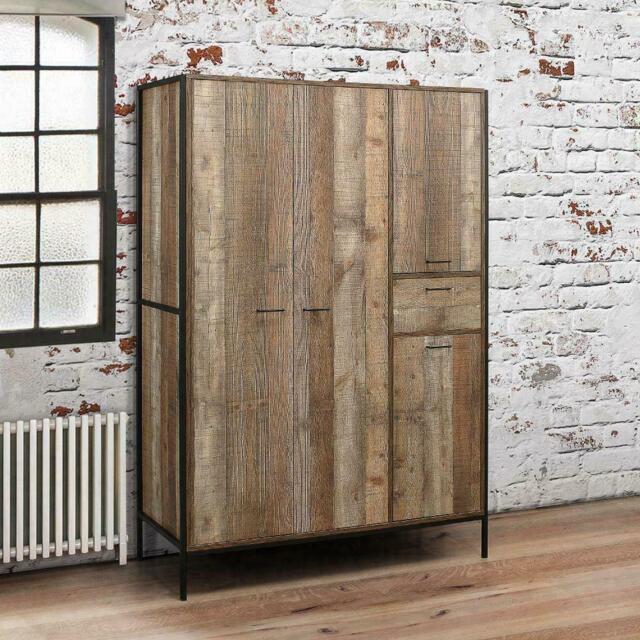 Urban Rustic - 4 Door Wardrobe - Oak/Black - Wooden/Metal - Happy Beds - image 1