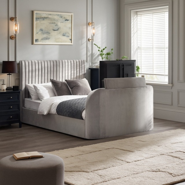 Croft - King Size - TV Bed with Storage Compartment - Light Grey - Velvet - 5ft - Happy Beds - image 1