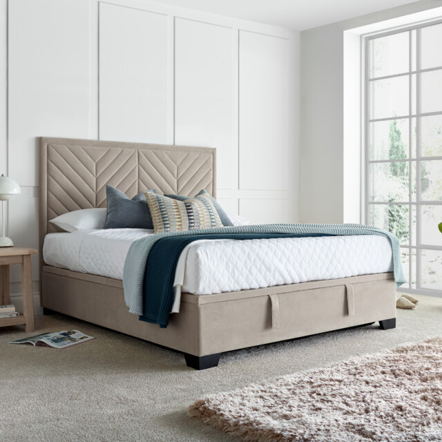 Watson - Super King Size - Ottoman Bed Frame - Warm Stone - Fabric 6FT - Happy Beds